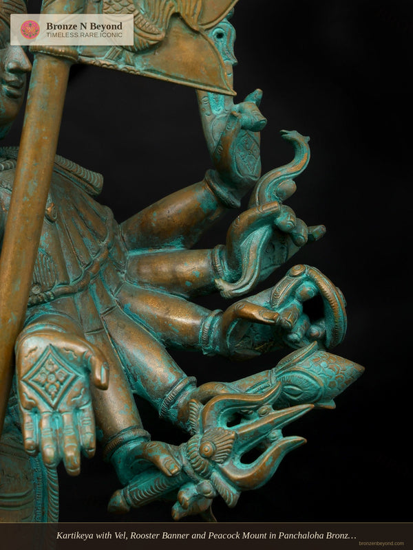 Kartikeya with Vel, Rooster Banner and Peacock Mount in Panchaloha Bronze – Swamimalai, Tamil Nadu
