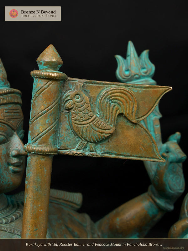 Kartikeya with Vel, Rooster Banner and Peacock Mount in Panchaloha Bronze – Swamimalai, Tamil Nadu