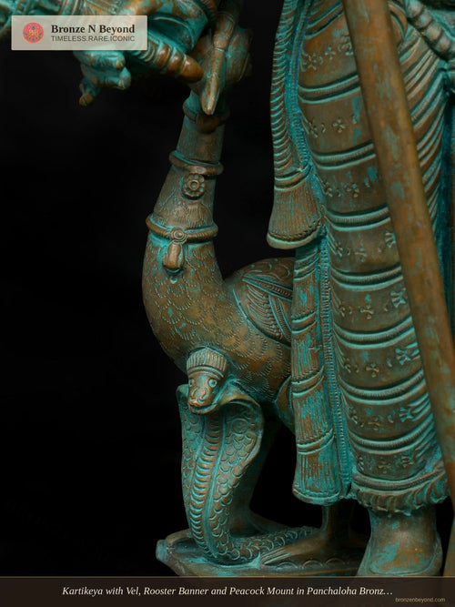 Kartikeya with Vel, Rooster Banner and Peacock Mount in Panchaloha Bronze – Swamimalai, Tamil Nadu