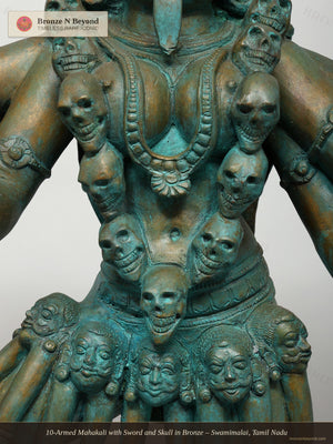 10-Armed Mahakali with Sword and Skull in Bronze – Swamimalai, Tamil Nadu