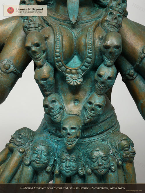 10-Armed Mahakali with Sword and Skull in Bronze – Swamimalai, Tamil Nadu