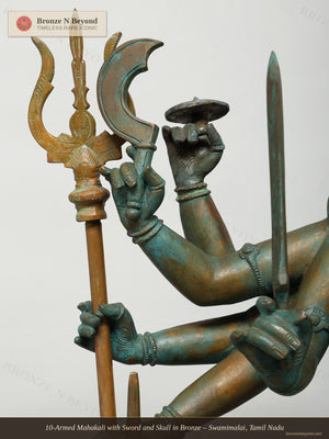 10-Armed Mahakali with Sword and Skull in Bronze – Swamimalai, Tamil Nadu
