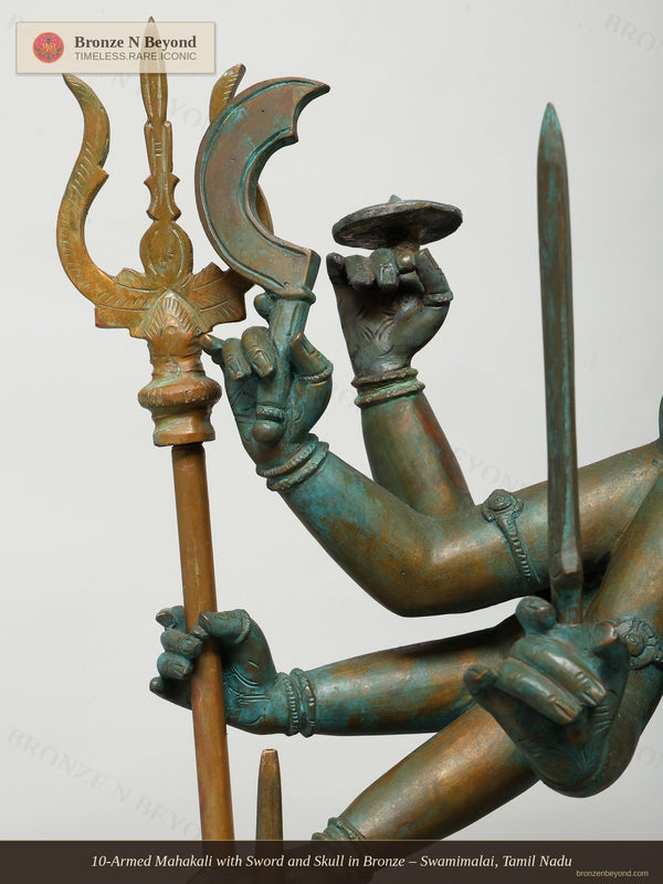 10-Armed Mahakali with Sword and Skull in Bronze – Swamimalai, Tamil Nadu