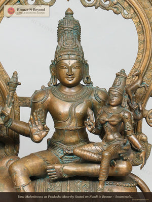 Uma Maheshwara as Pradosha Moorthy Seated on Nandi in Bronze – Swamimalai, Tamil Nadu