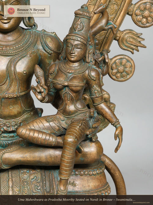 Uma Maheshwara as Pradosha Moorthy Seated on Nandi in Bronze – Swamimalai, Tamil Nadu
