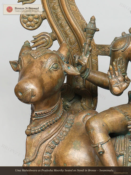 Uma Maheshwara as Pradosha Moorthy Seated on Nandi in Bronze – Swamimalai, Tamil Nadu