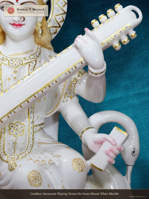 Goddess Saraswati Playing Veena On Swan Mount White Marble