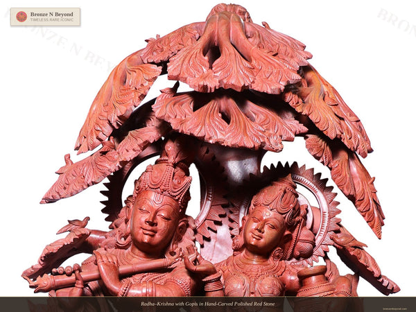 Radha–Krishna with Gopis in Hand-Carved Polished Red Stone
