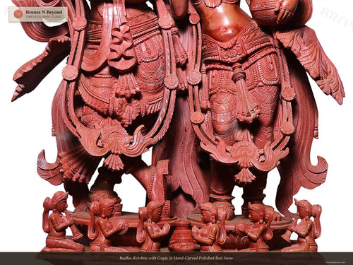 Radha–Krishna with Gopis in Hand-Carved Polished Red Stone