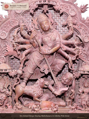 Ten-Armed Durga Slaying Mahishasura in Odisha Pink Stone