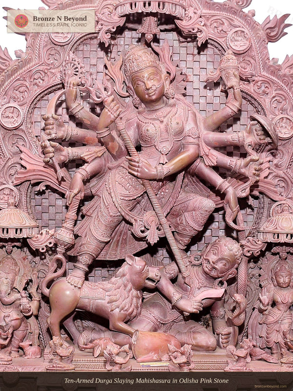 Ten-Armed Durga Slaying Mahishasura in Odisha Pink Stone