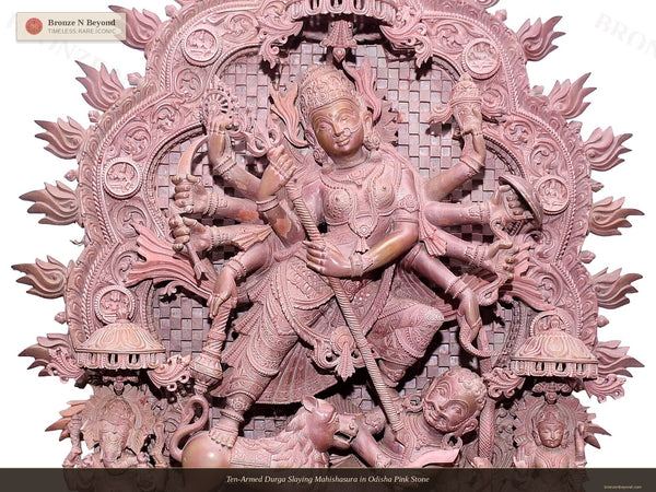 Ten-Armed Durga Slaying Mahishasura in Odisha Pink Stone