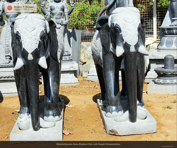 Mahabalipuram Stone Elephant Pair with Temple Ornamentation