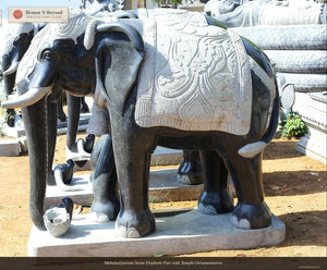 Mahabalipuram Stone Elephant Pair with Temple Ornamentation
