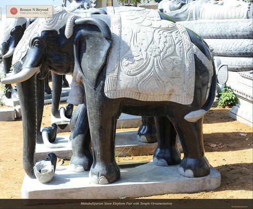 Mahabalipuram Stone Elephant Pair with Temple Ornamentation