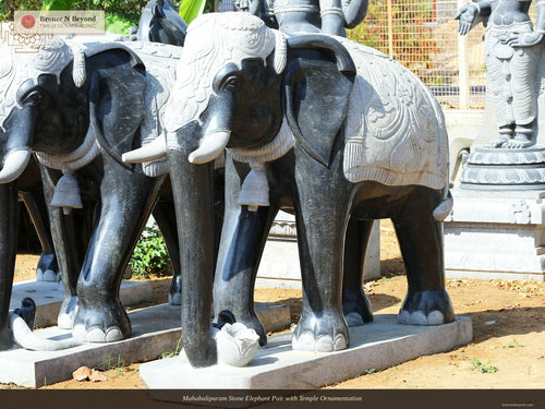 Mahabalipuram Stone Elephant Pair with Temple Ornamentation
