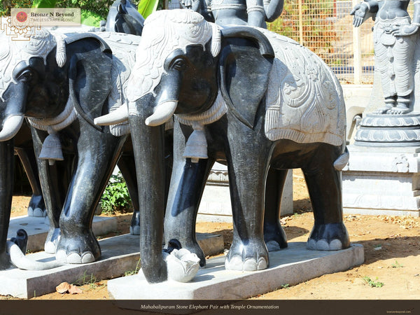 Mahabalipuram Stone Elephant Pair with Temple Ornamentation
