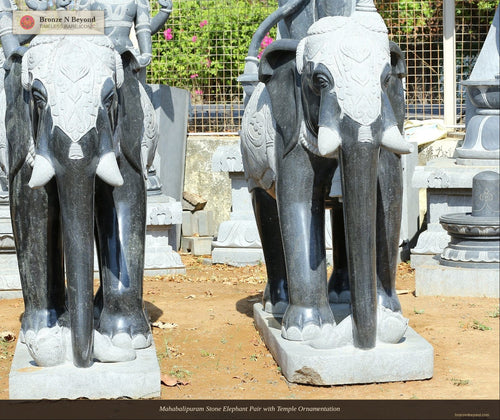 Mahabalipuram Stone Elephant Pair with Temple Ornamentation