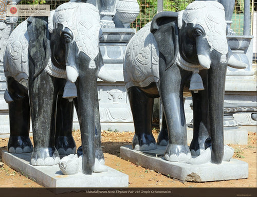 Mahabalipuram Stone Elephant Pair with Temple Ornamentation