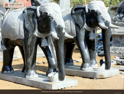 Mahabalipuram Stone Elephant Pair with Temple Ornamentation