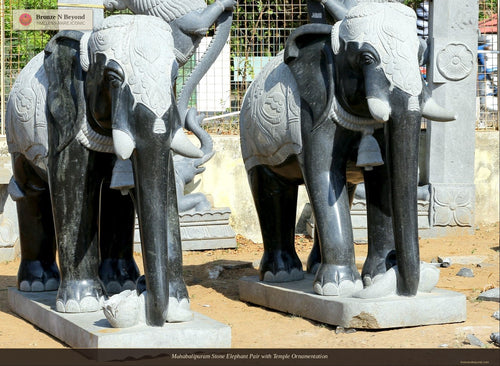 Mahabalipuram Stone Elephant Pair with Temple Ornamentation