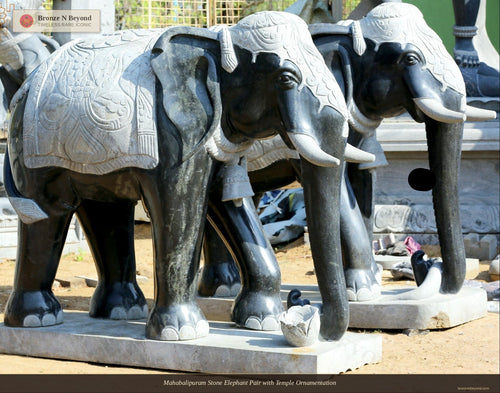 Mahabalipuram Stone Elephant Pair with Temple Ornamentation