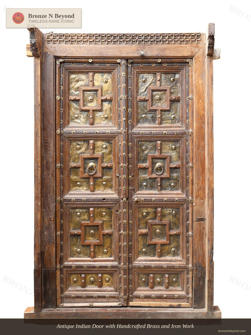 Large Vintage Indian Wooden Door with Brass and Iron Work
