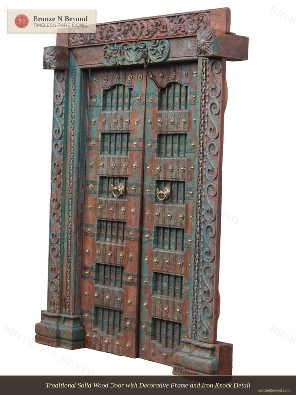 Traditional Solid Wood Door with Decorative Frame and Iron Knock Detail