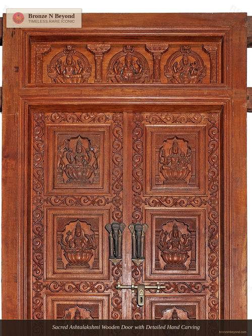 Sacred Ashtalakshmi Wooden Door with Detailed Hand Carving