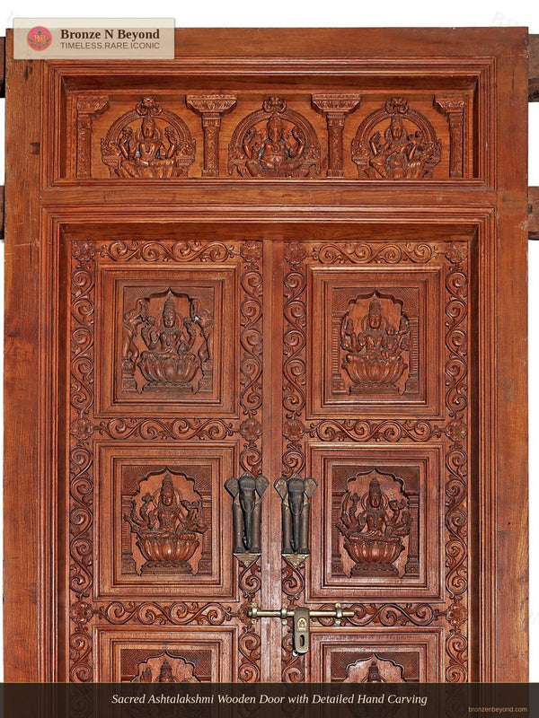 Sacred Ashtalakshmi Wooden Door with Detailed Hand Carving