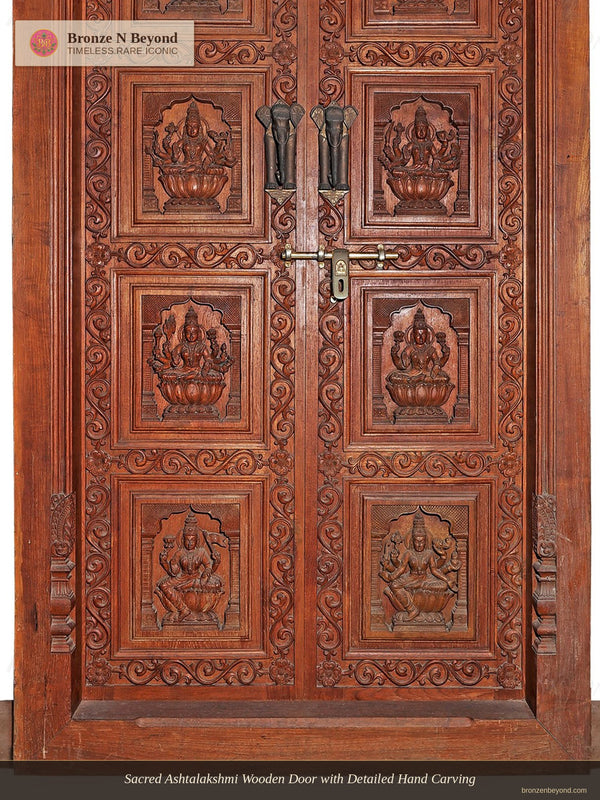 Sacred Ashtalakshmi Wooden Door with Detailed Hand Carving