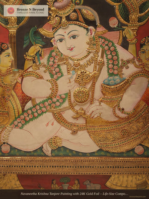 Navaneetha Krishna Tanjore Painting with 24K Gold Foil – Life-Size Composition, Tamil Nadu
