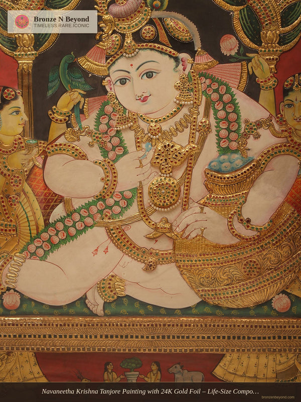 Navaneetha Krishna Tanjore Painting with 24K Gold Foil – Life-Size Composition, Tamil Nadu