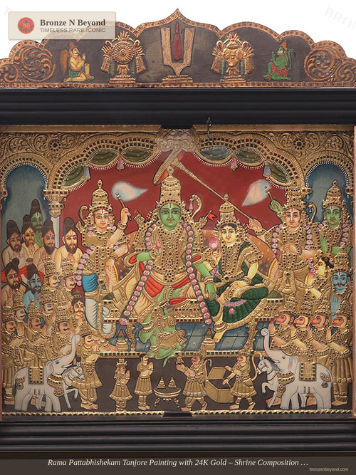 Rama Pattabhishekam Tanjore Painting with 24K Gold – Shrine Composition with Vaishnava Symbols