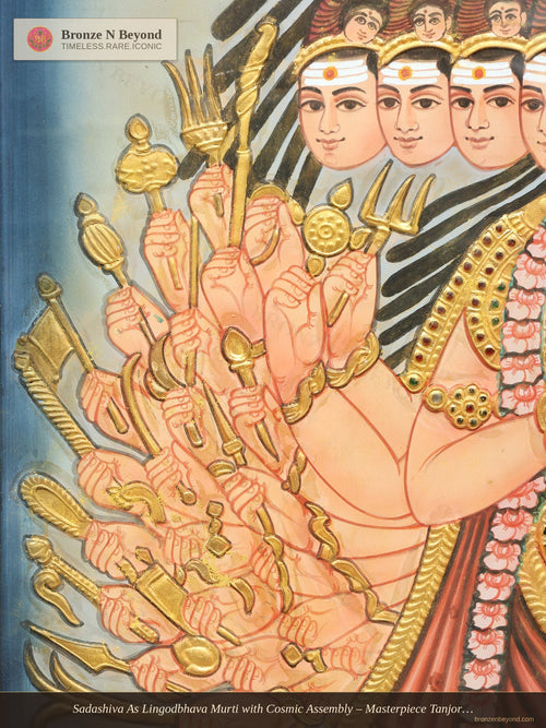 Sadashiva As Lingodbhava Murti with Cosmic Assembly – Masterpiece Tanjore with Antique Wood Frame