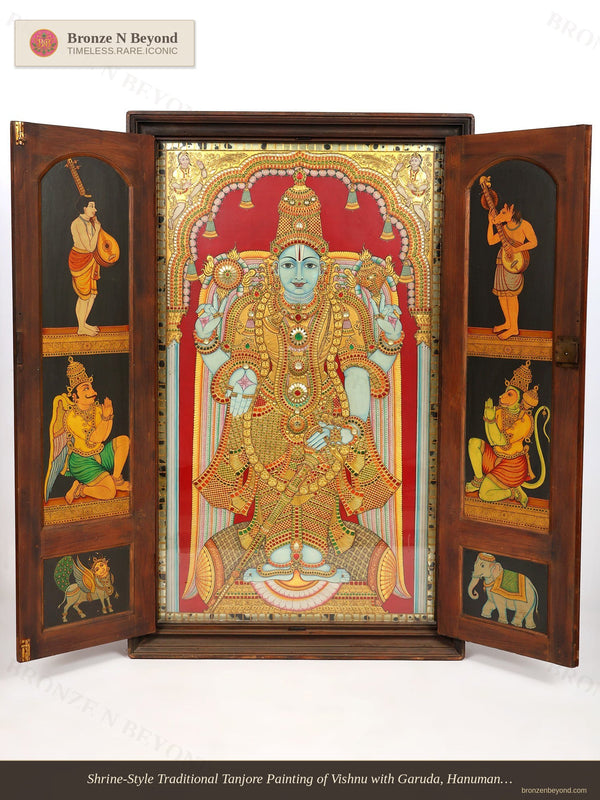 Tanjore Painting of Vishnu with Garuda, Hanuman