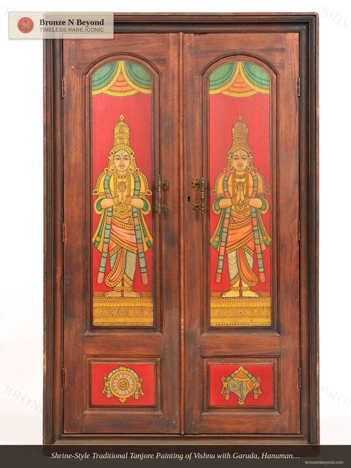 Shrine-Style Traditional Tanjore Painting of Vishnu with Garuda, Hanuman, and Vaikuntha Guardians