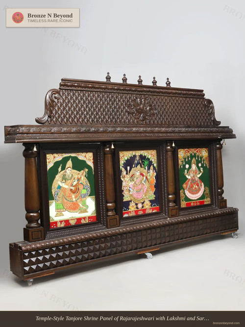 Temple-Style Tanjore Shrine Panel of Rajarajeshwari with Lakshmi and Saraswati