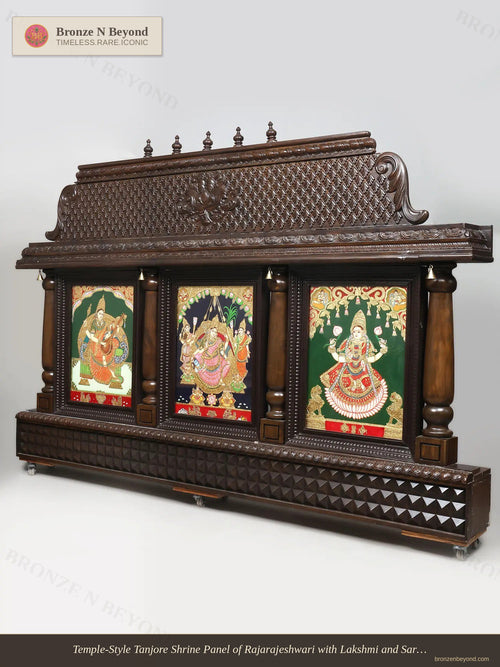 Temple-Style Tanjore Shrine Panel of Rajarajeshwari with Lakshmi and Saraswati
