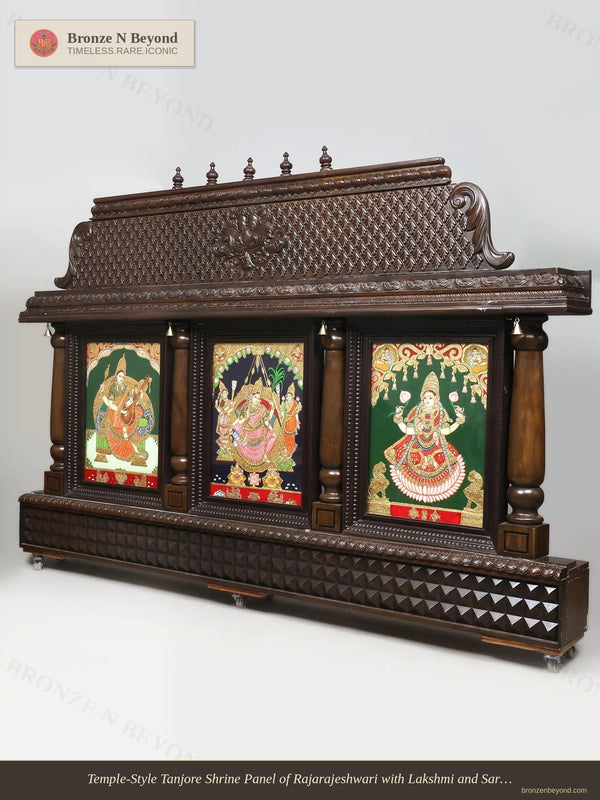 Temple-Style Tanjore Shrine Panel of Rajarajeshwari with Lakshmi and Saraswati