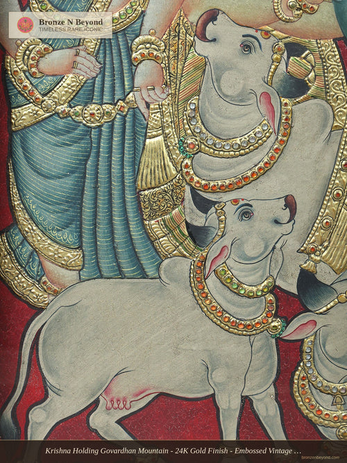 Krishna Holding Govardhan Mountain - 24K Gold Finish - Embossed Vintage Tanjore Panel