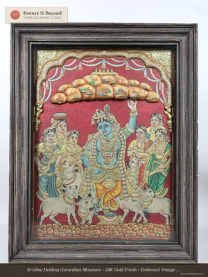 Krishna Lifting Govardhan Hill Tanjore Painting