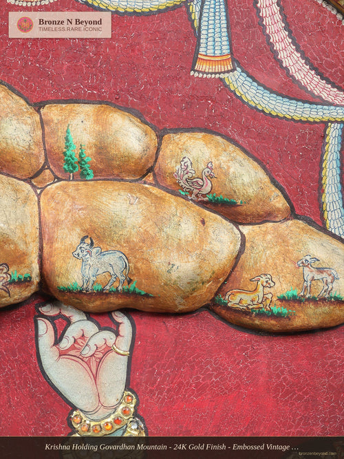 Krishna Holding Govardhan Mountain - 24K Gold Finish - Embossed Vintage Tanjore Panel