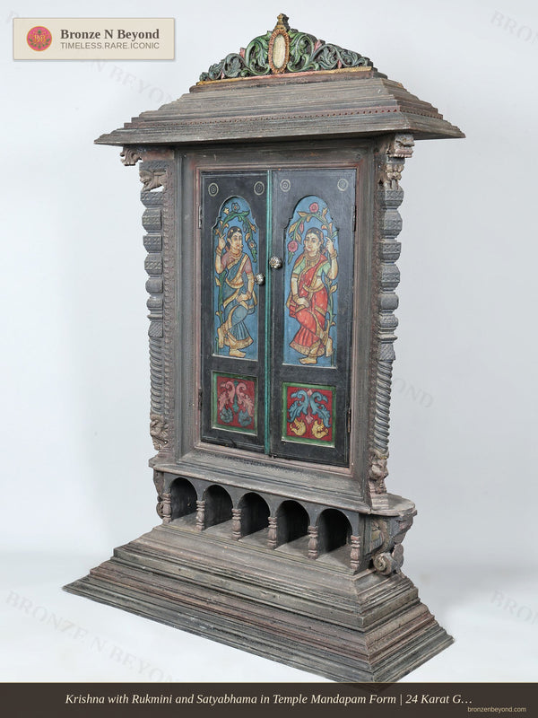 Krishna with Rukmini and Satyabhama in Temple Mandapam Form | 24 Karat Gold | Three-Dimensional Tanjore Painting