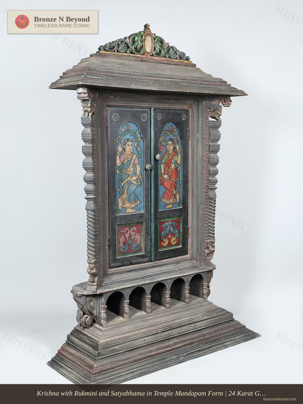 Krishna with Rukmini and Satyabhama in Temple Mandapam Form | 24 Karat Gold | Three-Dimensional Tanjore Painting