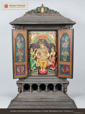 Krishna with Rukmini and Satyabhama Mandapam Tanjore Painting