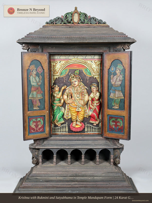 Krishna with Rukmini and Satyabhama Mandapam Tanjore Painting