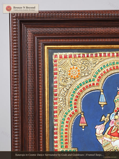 Nataraja in Cosmic Dance Surrounded by Gods and Goddesses | Framed Tanjore Painting with 24 Karat Gold Work
