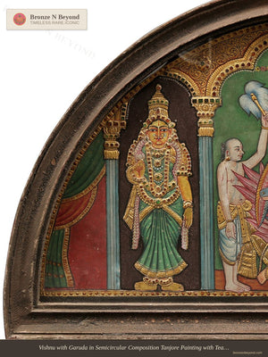 Vishnu with Garuda in Semicircular Composition Tanjore Painting with Teakwood Framed
