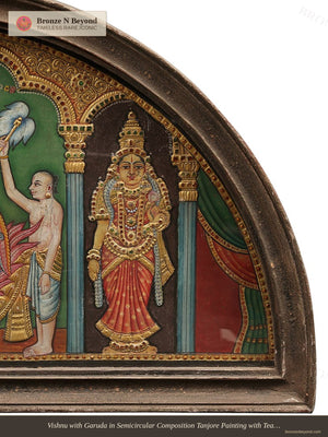 Vishnu with Garuda in Semicircular Composition Tanjore Painting with Teakwood Framed